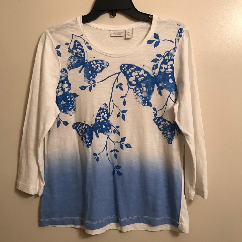 Chico’s 3/4 shirt size 1 white blue color